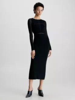 Calvin Klein Robe Longueur Midi Slim à Pans Transparents -Pas Cher Calvin Klein Magasin K20K205977 BEH alternate2